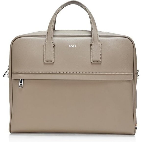 BOSS Mens Zair Bonded Leather Brief Case Garden Moss Green Beige NWT - Picture 2 of 4